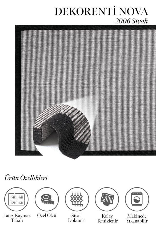 Dekorenti Nova 2007 Siyah - İnce Çizgili Kaymaz Latex Tabanlı Halı