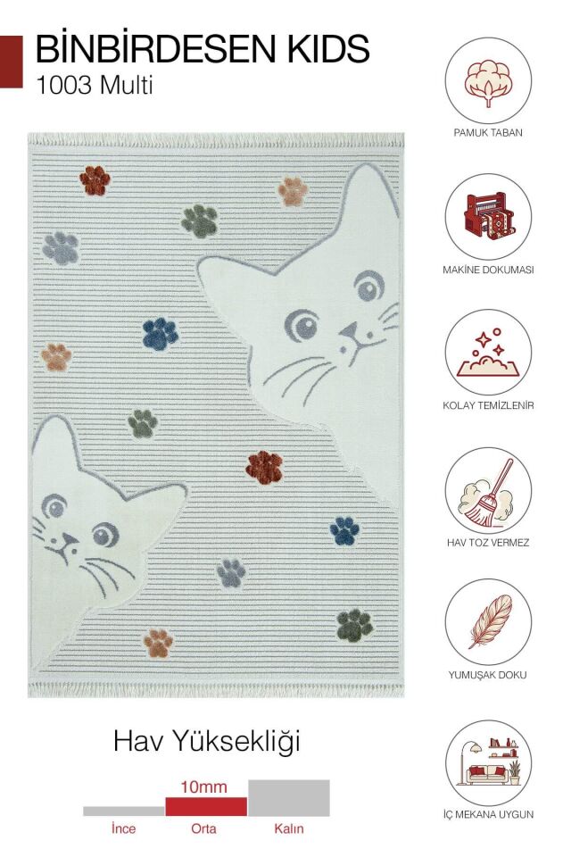 Binbirdesen Kids 1003 Multi - Kedi ve Pati Desenli Çocuk Odası Halısı - 133x190