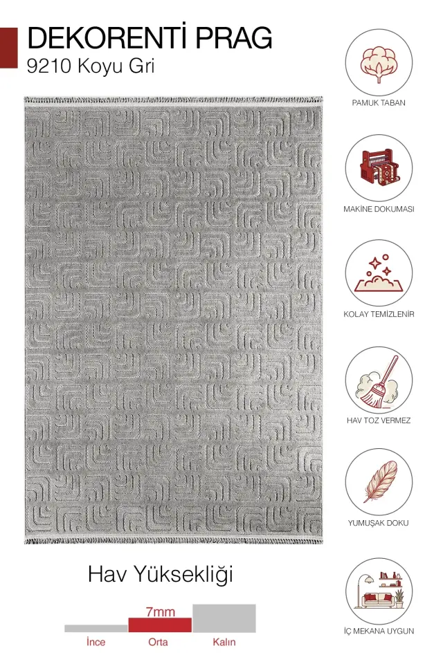 Dekorenti Prag 9210 Koyu Gri – Modern Örgü Saçaklı Yumuşak Tuşeli İskandinav Halı