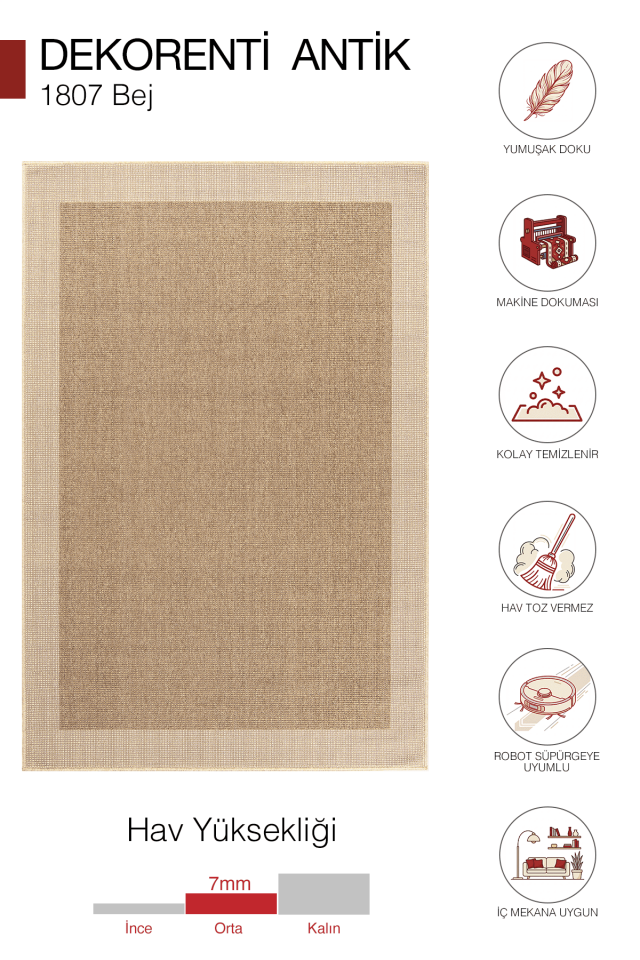 Dekorenti Antik 1807 Bej - Çoban Dikişli Jut Tabanlı Çerçeveli Halı