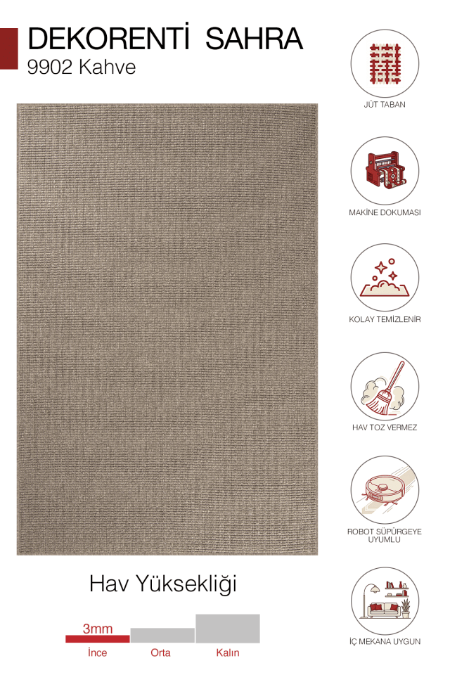 Sahra 9902 Kahverengi - İnce Polip Jüt Tabanlı Modern Makine Halısı 200x290