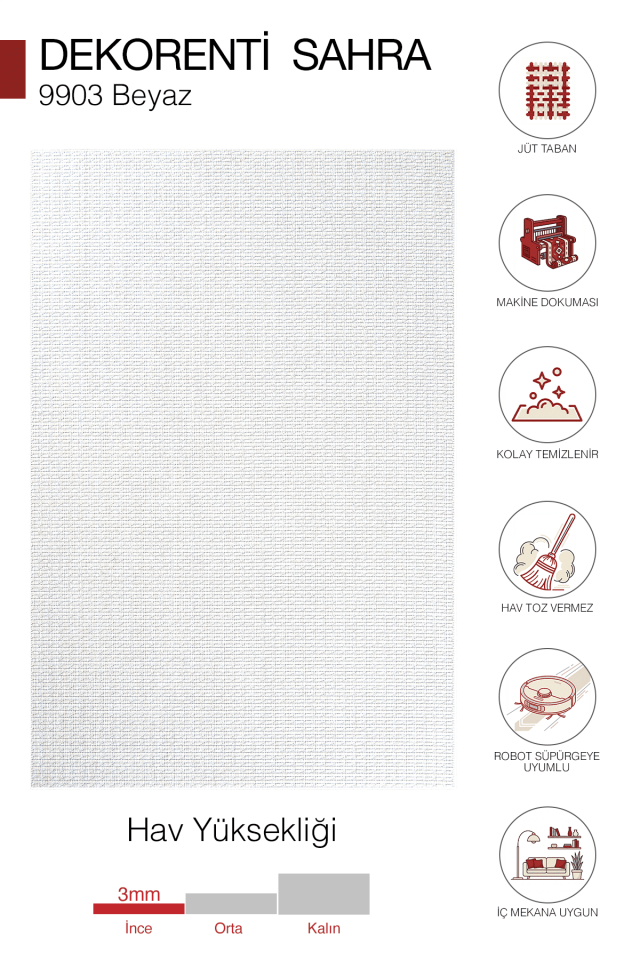 Sahra 9903 Beyaz - İnce Polip Jüt Tabanlı Modern Makine Halısı 200x290