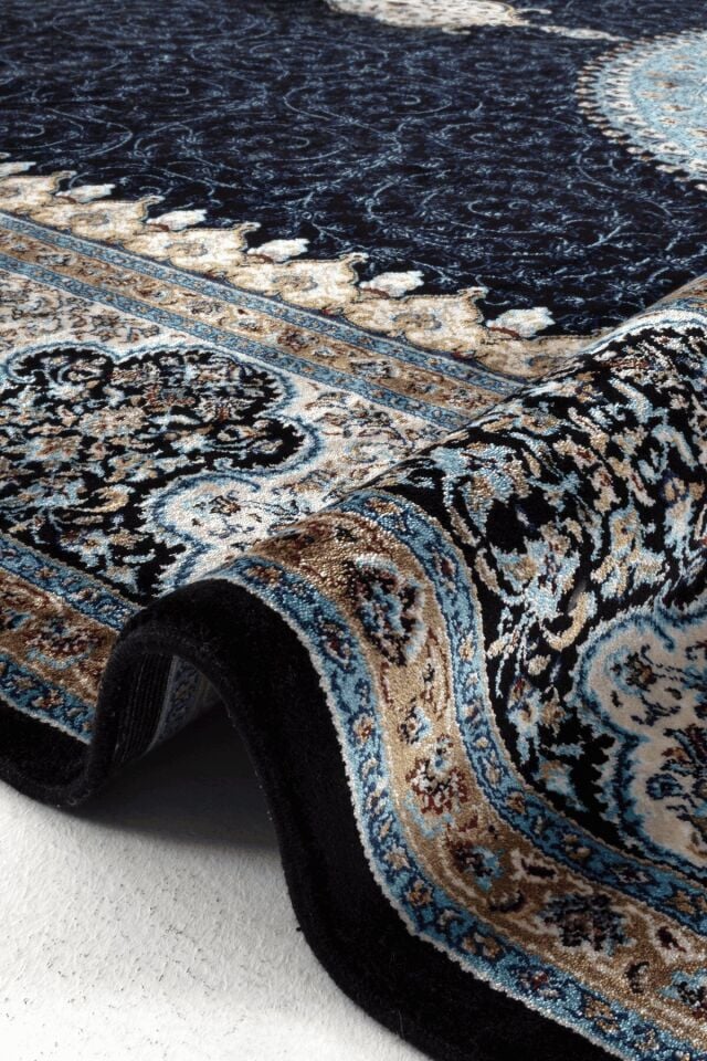 Romans Herat 2802 Mavi - Pamuk Tabanlı İpeksi Dokulu Göbekli Salon Halısı