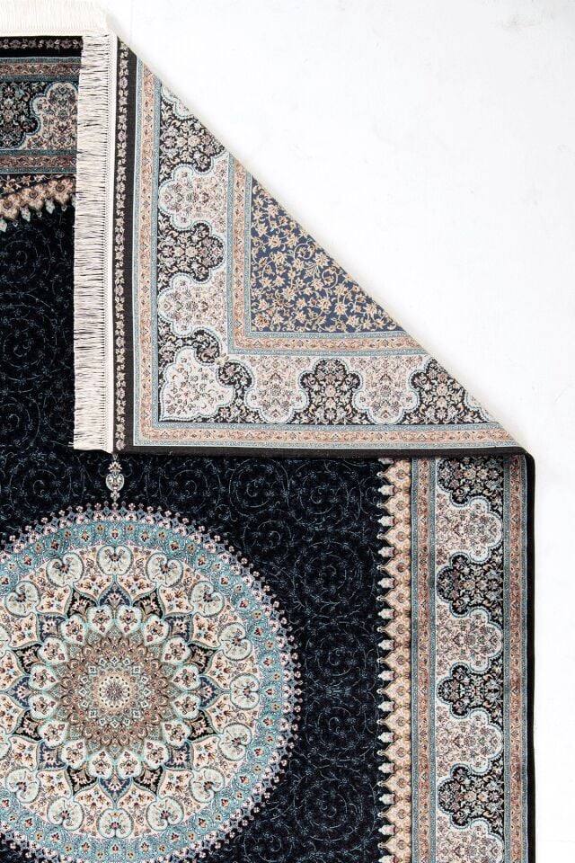 Romans Herat 2802 Mavi - Pamuk Tabanlı İpeksi Dokulu Göbekli Salon Halısı