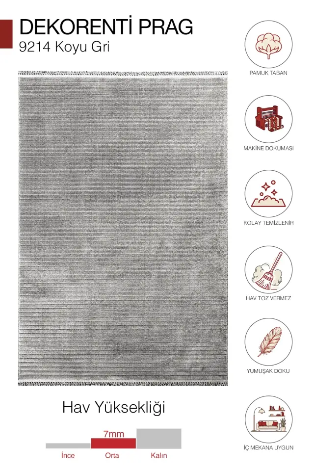 Dekorenti Prag 9214 Koyu Gri – Modern Örgü Saçaklı Yumuşak Tuşeli İskandinav Halı