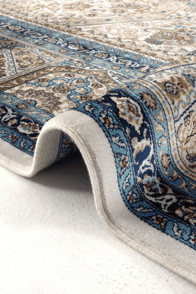 Romans Herat 2803 Mavi - Pamuk Tabanlı İpeksi Dokulu Göbekli Salon Halısı