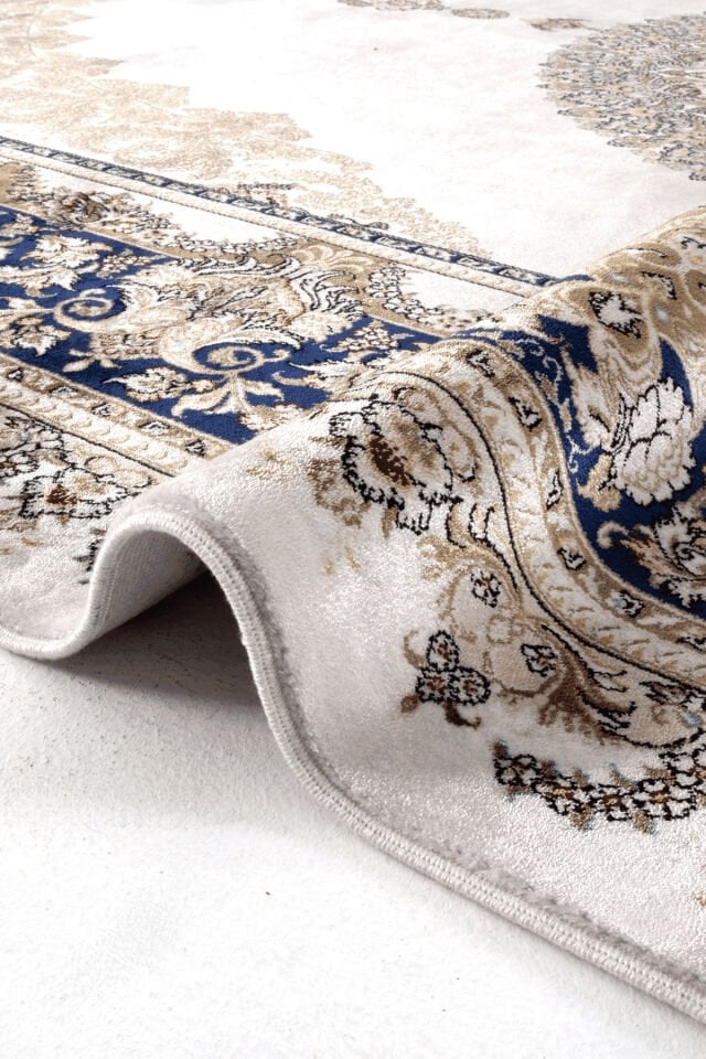 Romans Herat 2804 Mavi - Pamuk Tabanlı İpeksi Dokulu Göbekli Salon Halısı