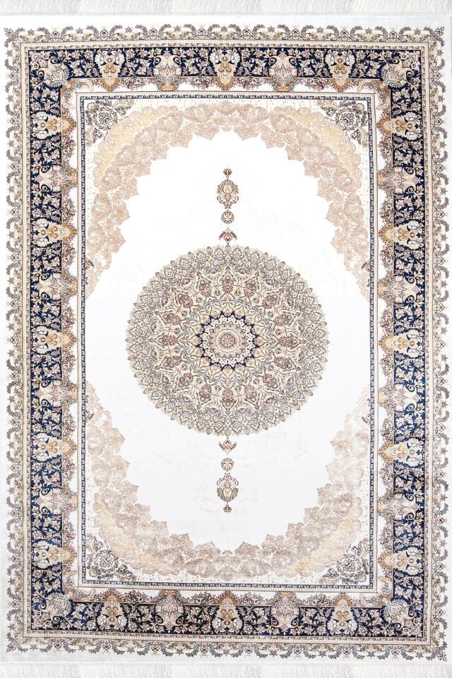 Romans Herat 2804 Mavi - Pamuk Tabanlı İpeksi Dokulu Göbekli Salon Halısı