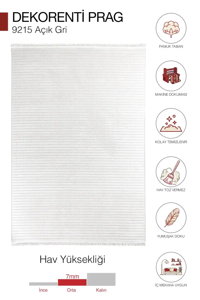 Dekorenti Prag 9215 Açık Gri – Modern Örgü Saçaklı Yumuşak Tuşeli İskandinav Halı