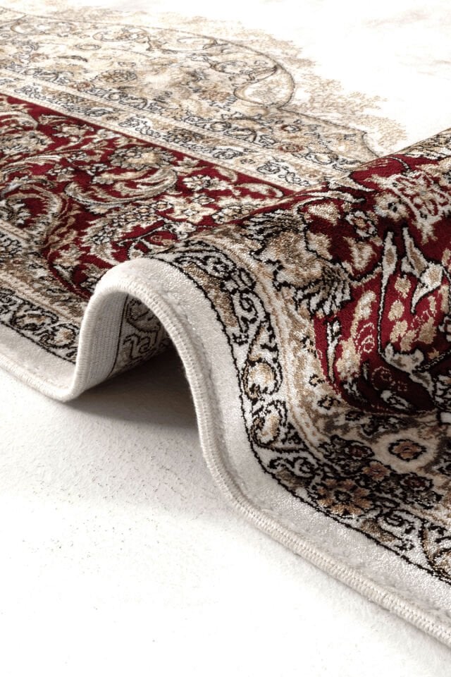 Romans Herat 2806 Krem Kırmızı - Pamuk Tabanlı İpeksi Dokulu Göbekli Salon Halısı