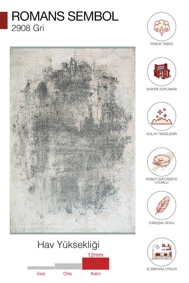 Romans Sembol 2908 Gri Halı - Eskitme Desenli Akrilik Salon Halısı