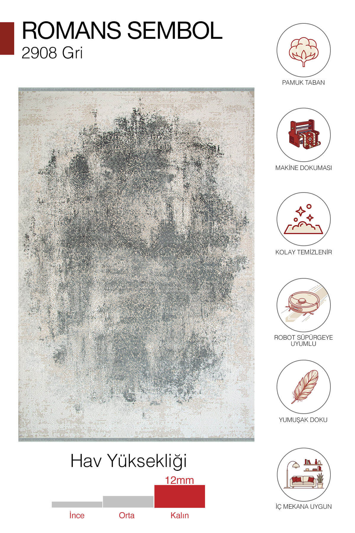 Romans Sembol 2908 Gri Halı - Eskitme Desenli Akrilik Mutfak Halısı