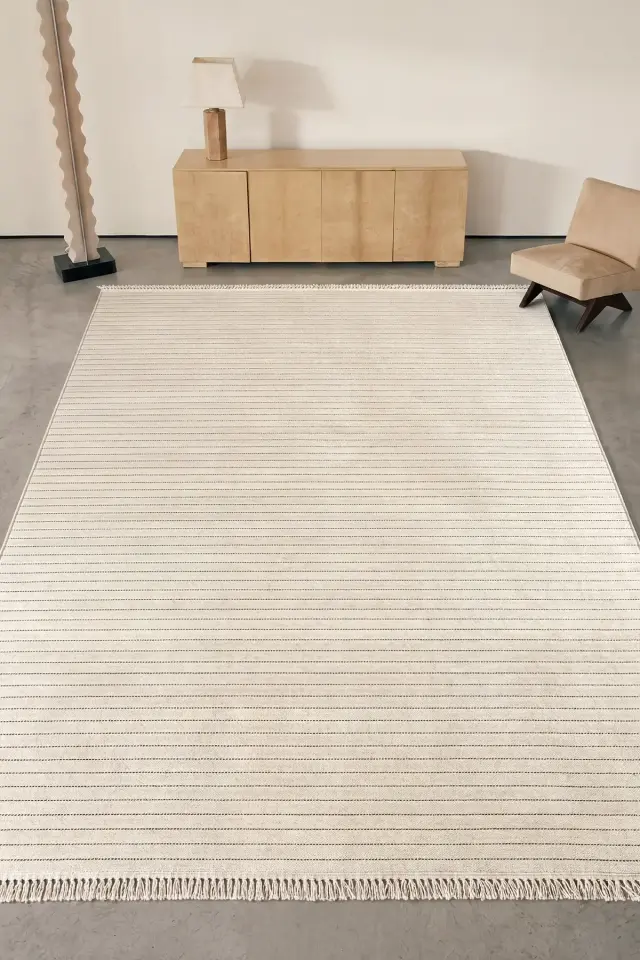 Dekorenti Prag 9216 Bej – Modern Örgü Saçaklı Yumuşak Tuşeli İskandinav Halı