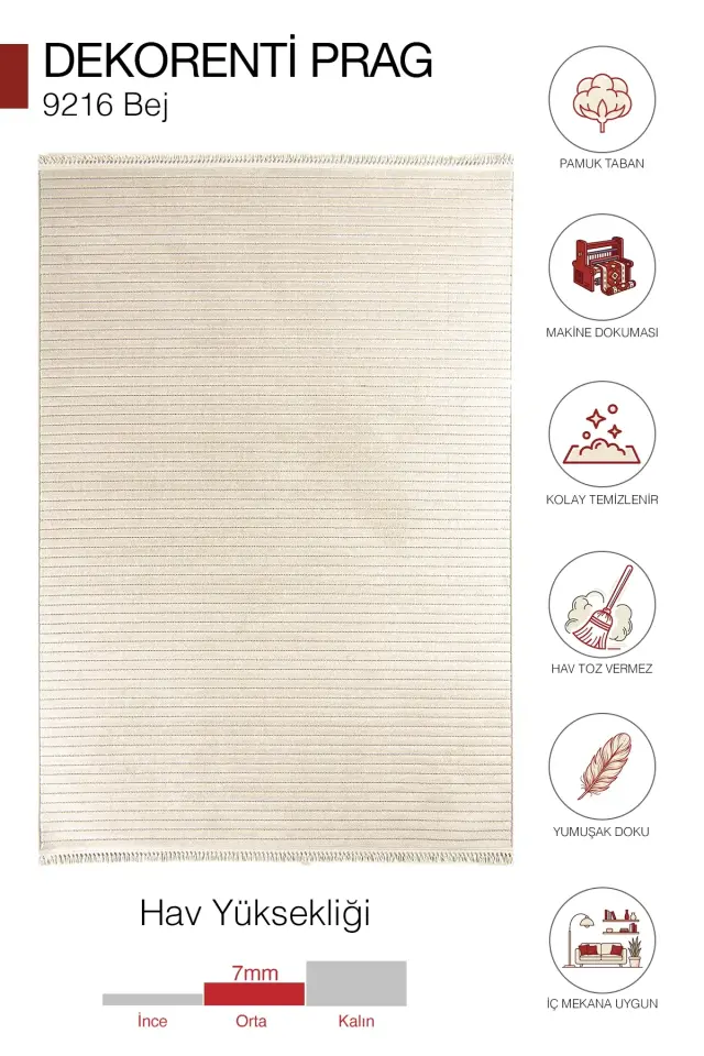 Dekorenti Prag 9216 Bej – Modern Örgü Saçaklı Yumuşak Tuşeli İskandinav Halı