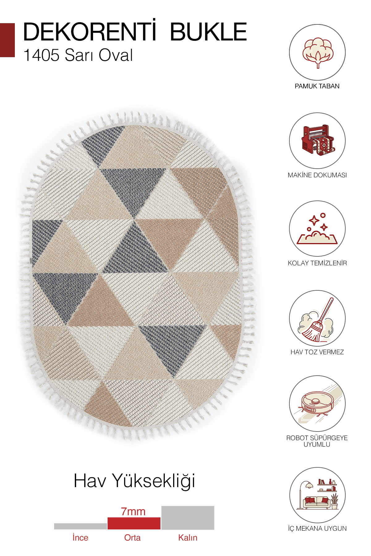 Dekorenti Bukle 1405 Sarı Oval – Geometrik Desenli Tozumaz Halı