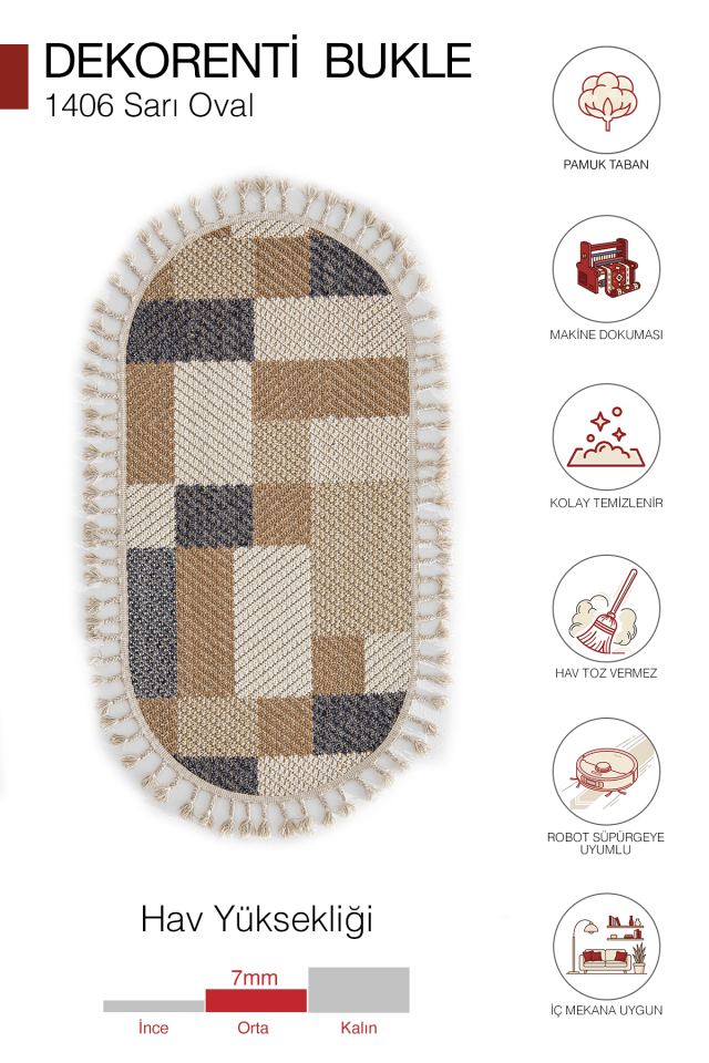 Bukle 1406 Sarı Oval – Modern Geometrik Desenli Tozumaz Halı 160x230