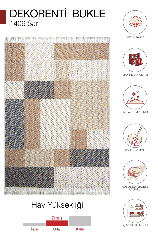 Bukle 1406 Sarı – Modern Geometrik Desenli Tozumaz Halı 200x250