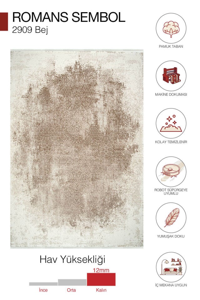 Romans Sembol 2909 Bej Halı Eskitme Desenli Mutfak Halısı