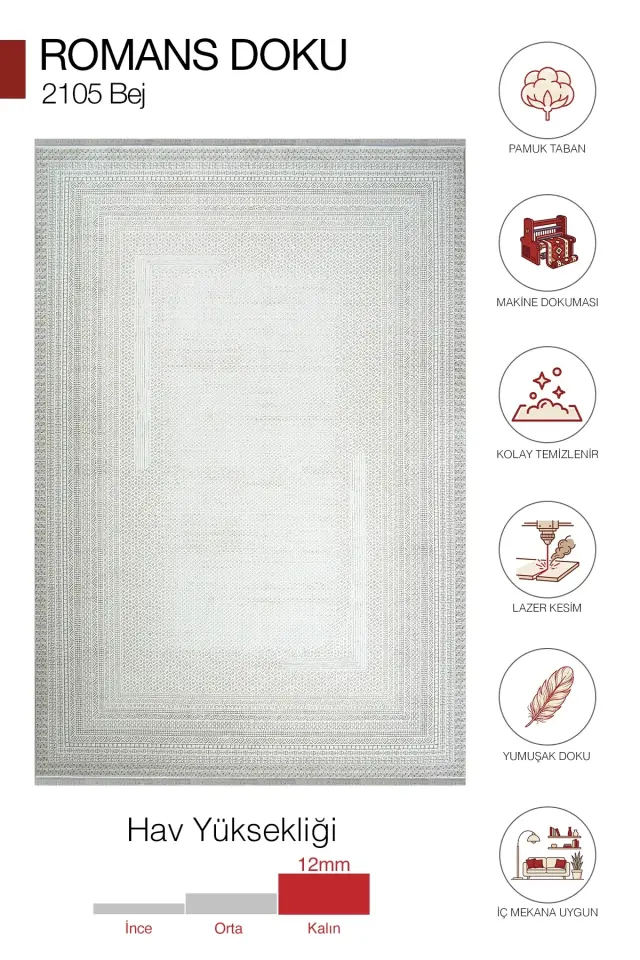 Romans Doku 2105 Bej İnce Motifli Çerçeveli Salon Halısı