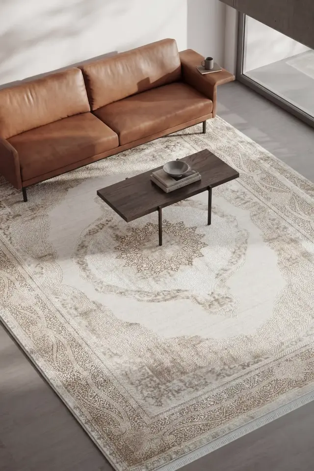 Romans Doku 2106 Bej Klasik Göbekli Akrilik Salon Halısı