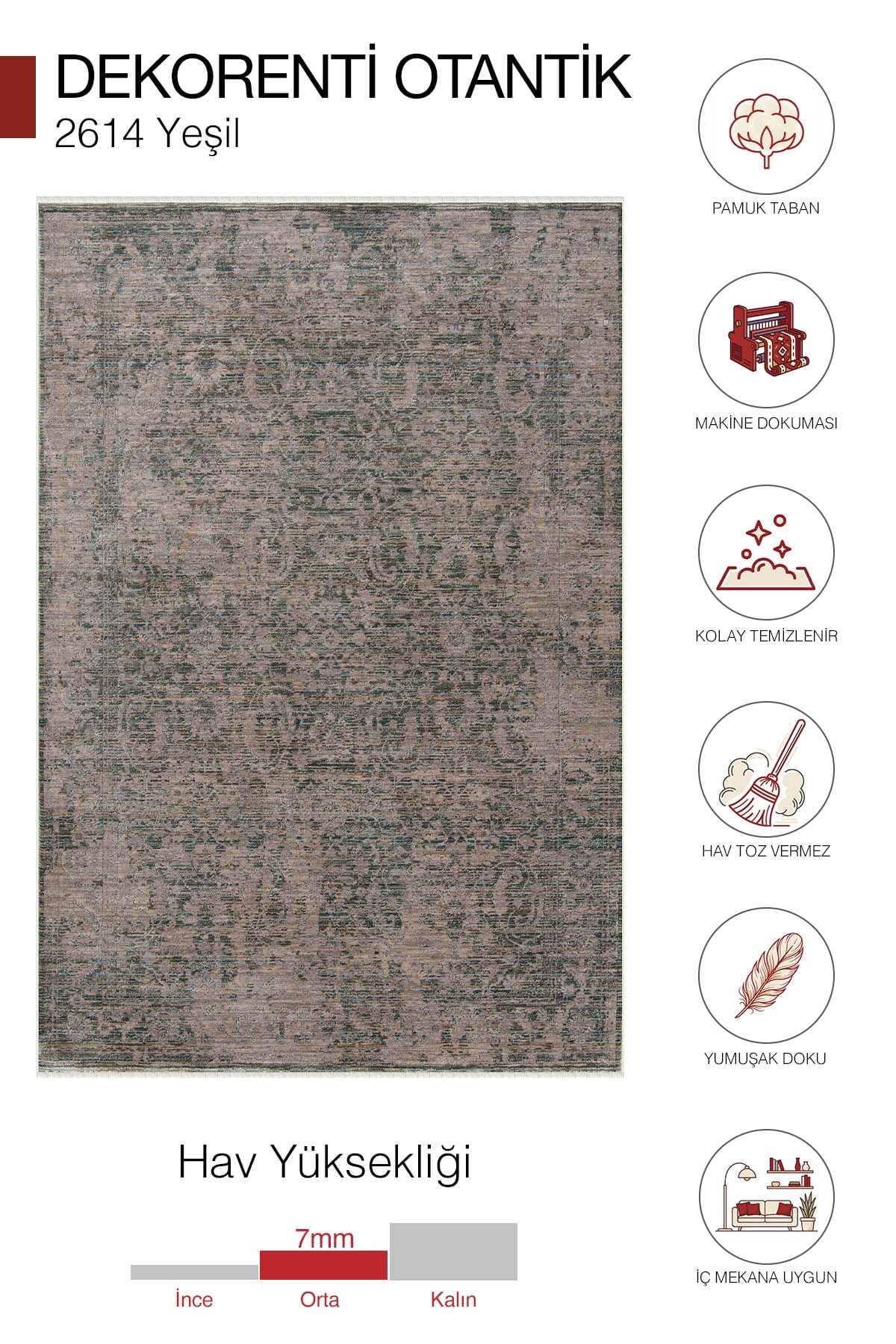 Dekorenti Otantik 2614 Yeşil Halı Eskitme Görünümlü Vintage Salon Halı