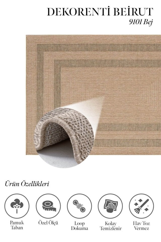 Dekorenti Beirut 9101 Bej Modern Dokulu Çerçeve Desenli Jüt Taban Halı