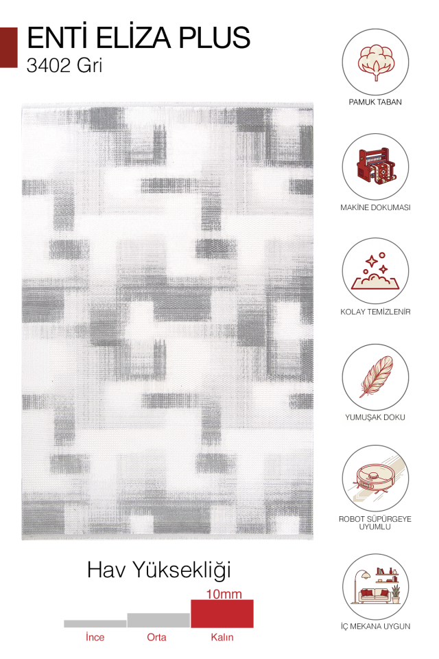Eliza Plus 3402 Gri - Rahat ve Modern Akrilik Halı 200x290