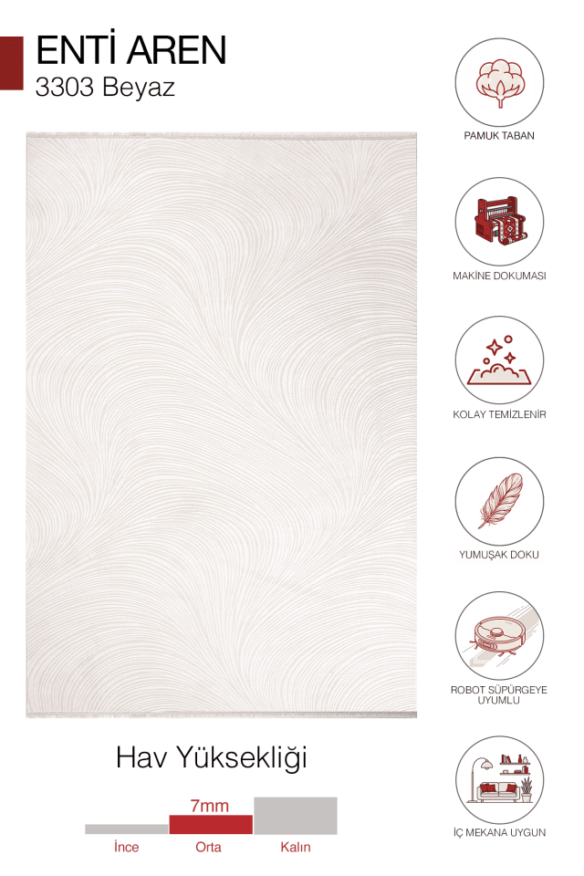 Enti Aren 3303 Beyaz - Pamuk Tabanlı Akrilik Modern Halı