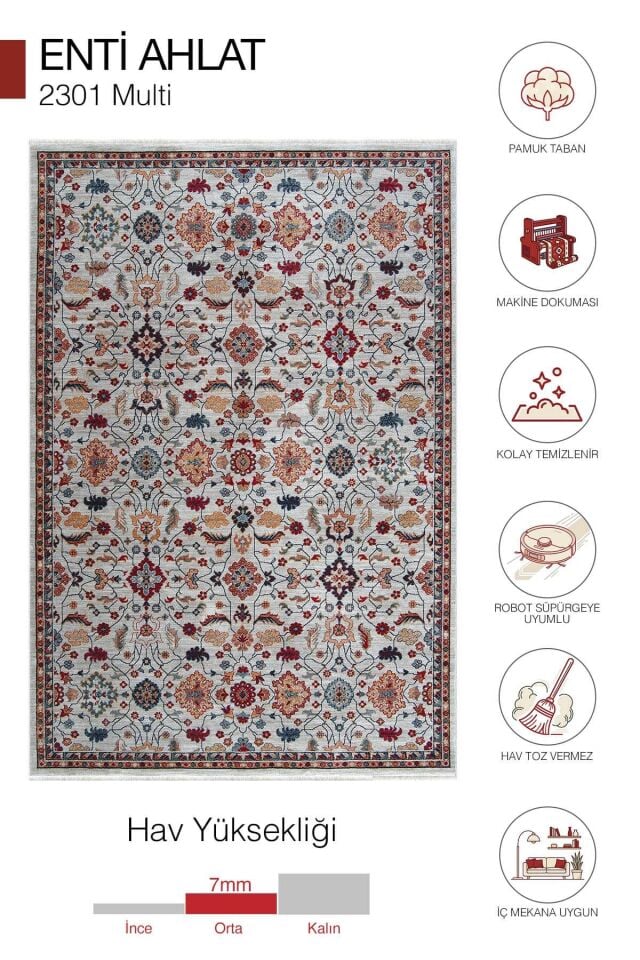 Enti Ahlat 2301 Renkli Halı Motifli Eskitme Klasik Pamuk Taban Makine Halısı