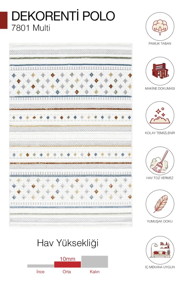 Dekorenti Polo 7801 Multi - Modern Etnik Çizgi Desenli Örgü Saçaklı Halı