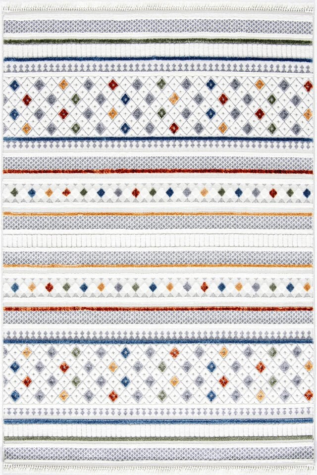 Dekorenti Polo 7801 Multi - Modern Etnik Çizgi Desenli Örgü Saçaklı Halı