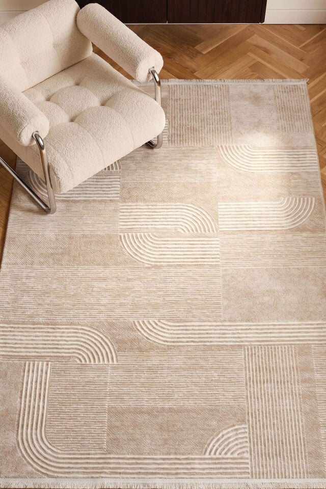 Romans Sembol 2910 Bej Halı Modern Geometrik Akrilik Mutfak Halısı