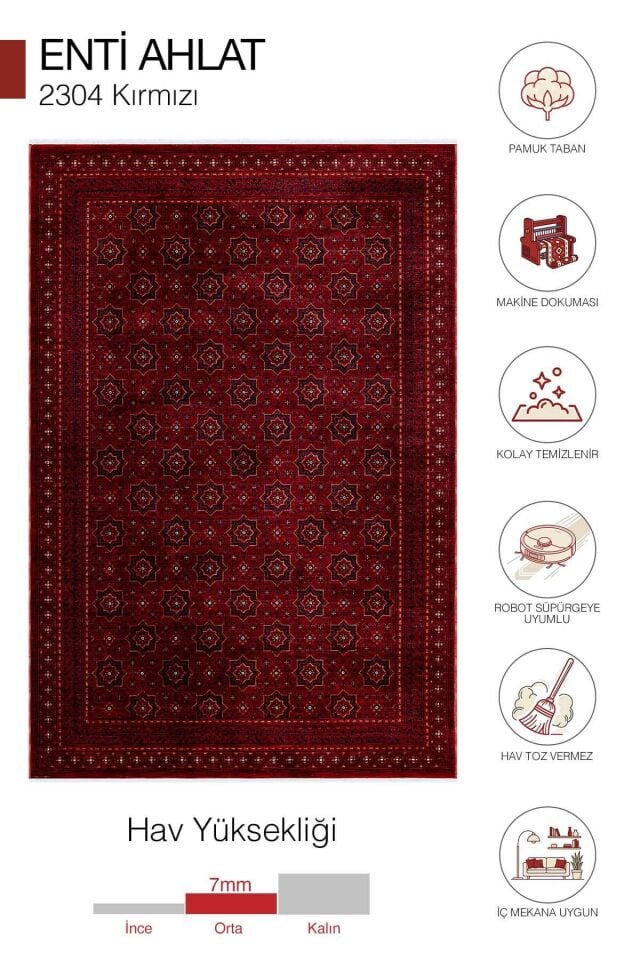 Enti Ahlat 2304 Kırmızı Siyah Etnik Desenli Salon Oturma Odası Halısı