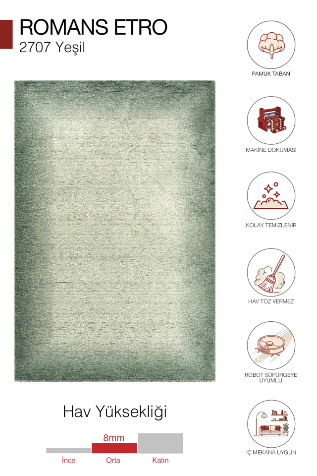 Etro 2707 Yeşil - Spor Saçaklı Polyester Çerçeveli Vintage Halı 200x290