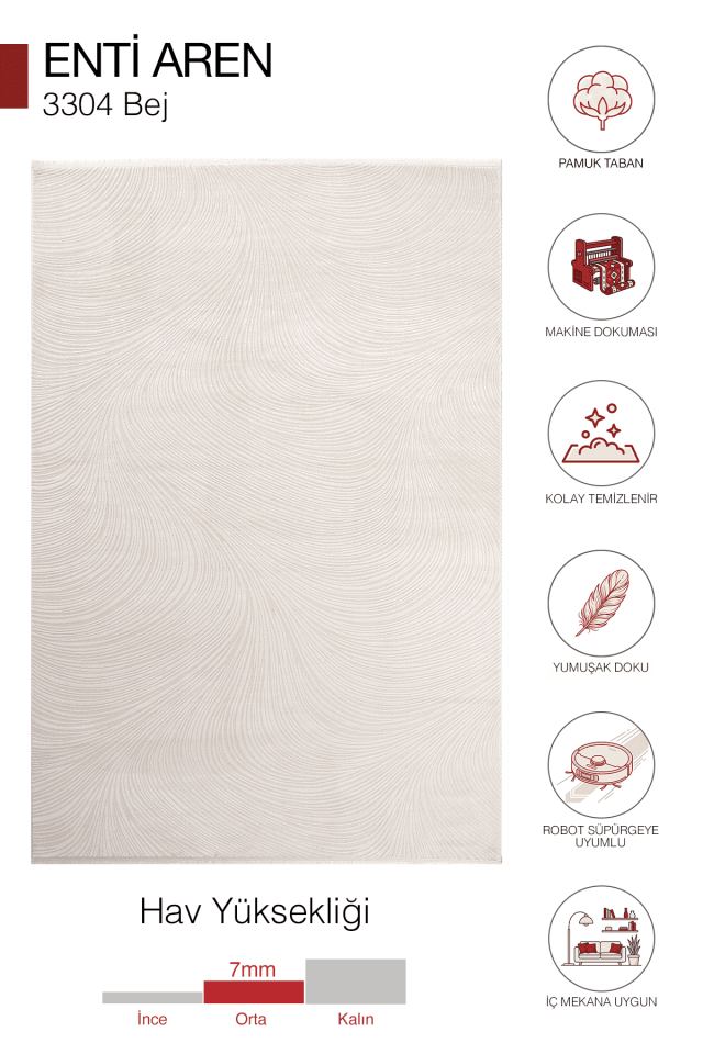 Aren 3304 Bej - Pamuk Tabanlı Akrilik Modern Halı 200x290