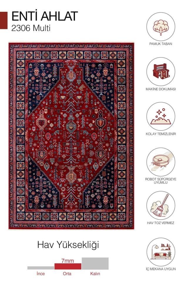 Ahlat 2306 Kırmızı Lacivert Etnik Desenli Salon Oturma Odası Halısı
