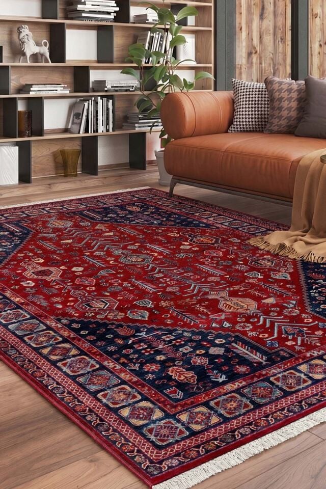Ahlat 2306 Kırmızı Lacivert Etnik Desenli Salon Oturma Odası Halısı