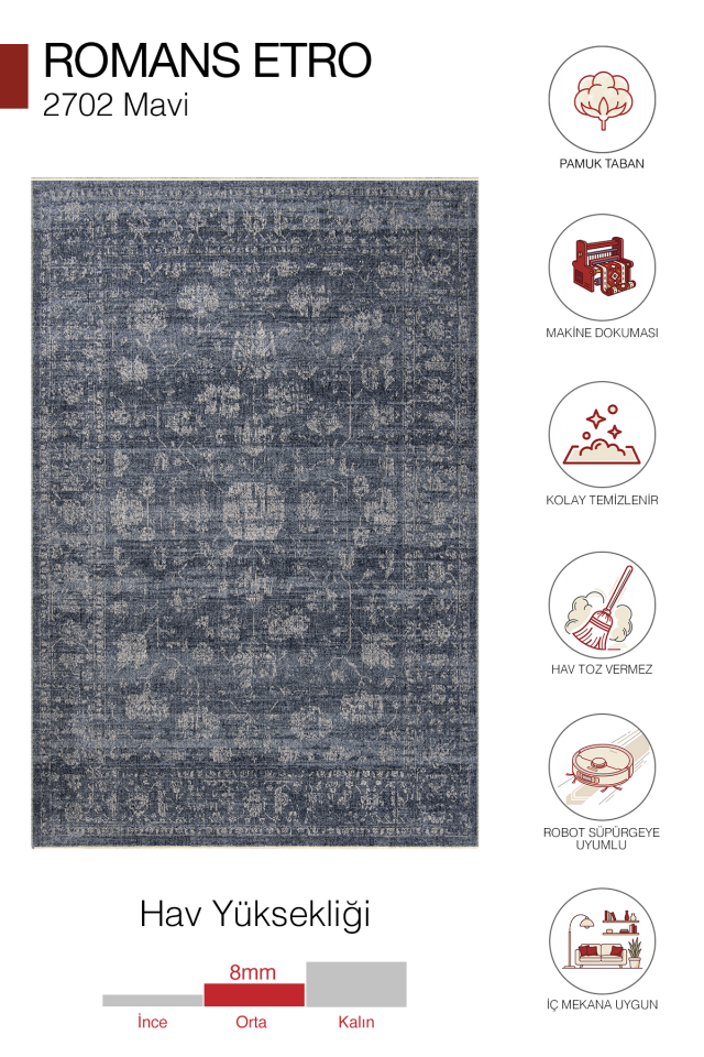 Etro 2702 Mavi - Spor Saçaklı Polyester Çerçeveli Vintage Halı 160x230