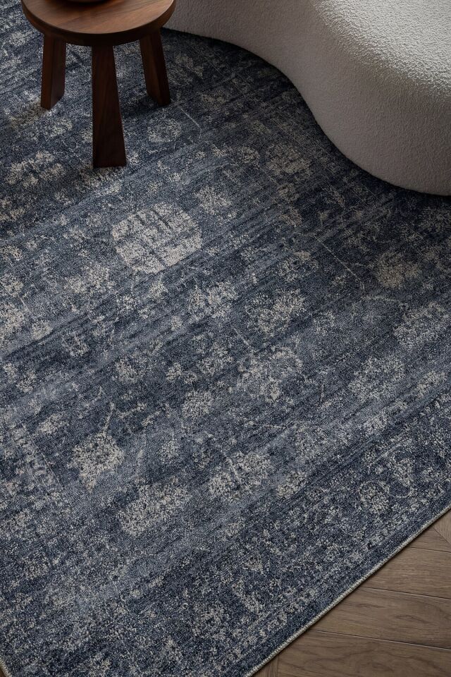 Etro 2702 Mavi - Spor Saçaklı Polyester Çerçeveli Vintage Halı