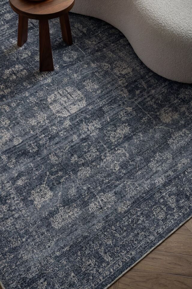 Romans Etro 2702 Mavi - Spor Saçaklı Polyester Çerçeveli Vintage Halı