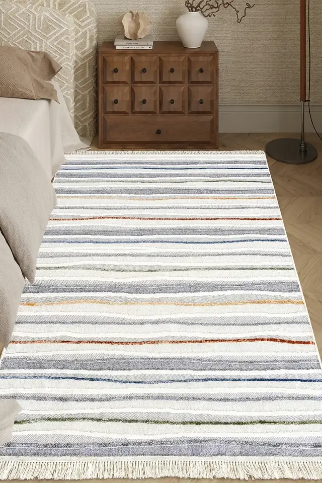 Dekorenti Polo 7803 Multi - Modern Renk Geçişli Çizgi Desenli Örgü Saçaklı Halı