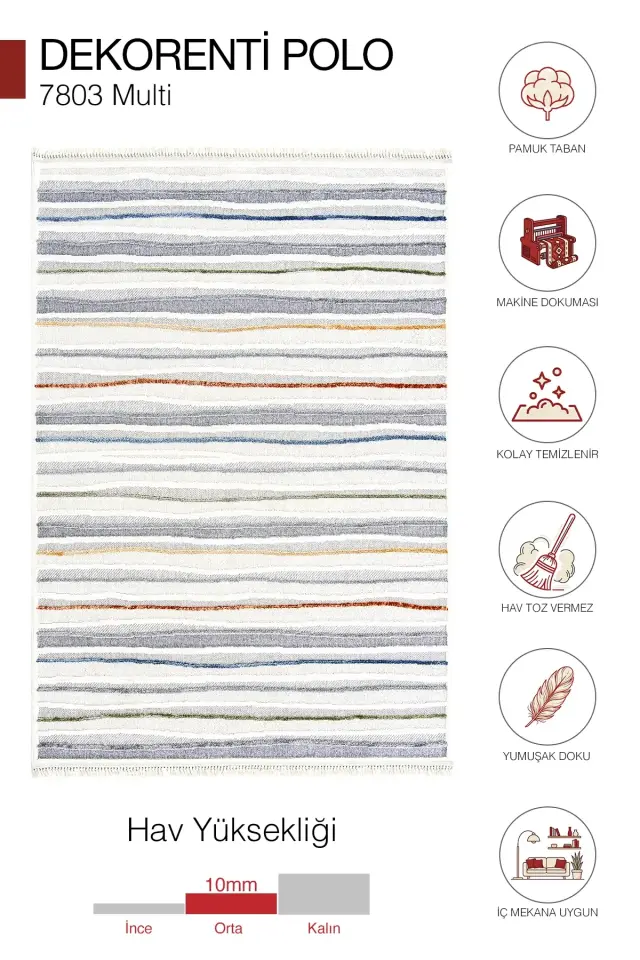 Dekorenti Polo 7803 Multi - Modern Renk Geçişli Çizgi Desenli Örgü Saçaklı Halı