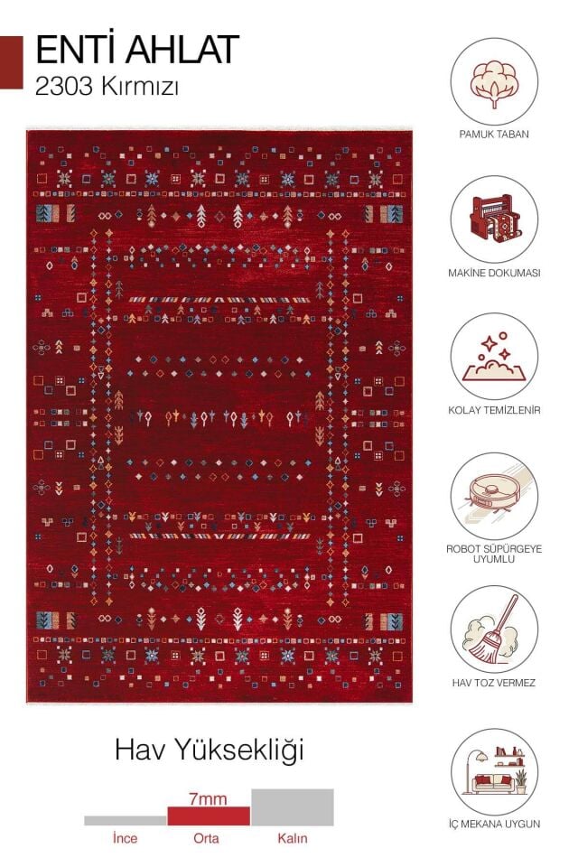 Enti Ahlat 2303 Kırmızı Eskitme Desenli Salon Oturma Odası Halısı