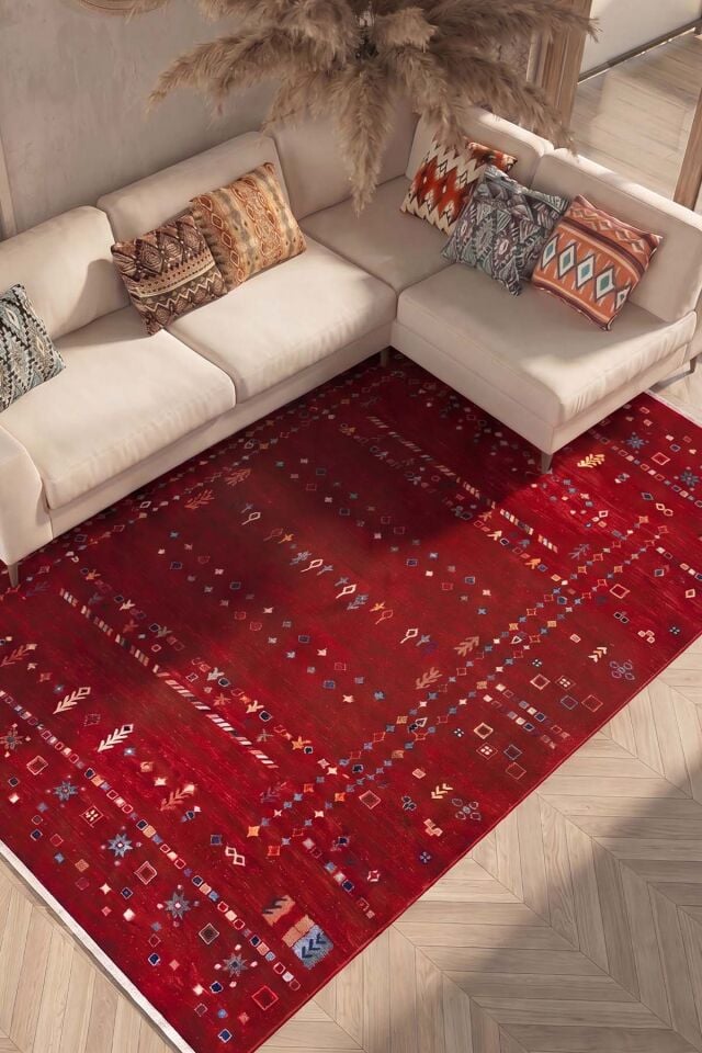 Enti Ahlat 2303 Kırmızı Eskitme Desenli Salon Oturma Odası Halısı