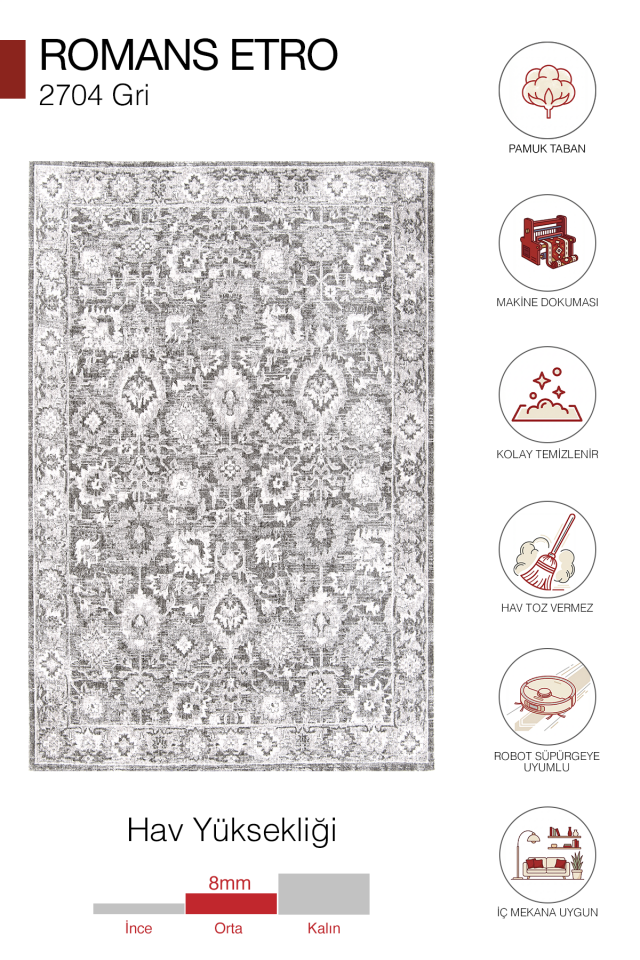 Etro 2704 Gri - Spor Saçaklı Polyester Çerçeveli Vintage Halı 160x230