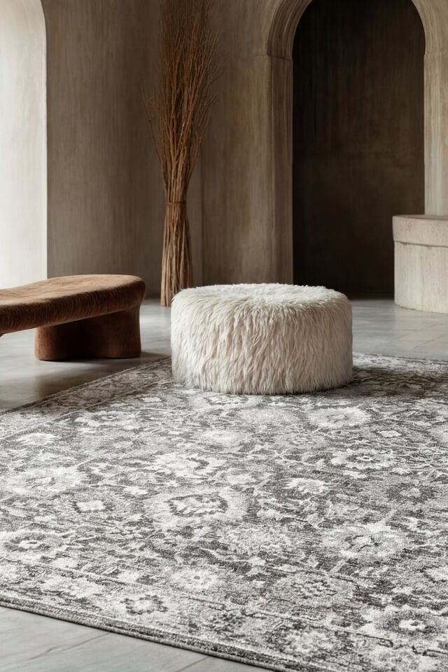 Romans Etro 2704 Gri - Spor Saçaklı Polyester Çerçeveli Vintage Halı