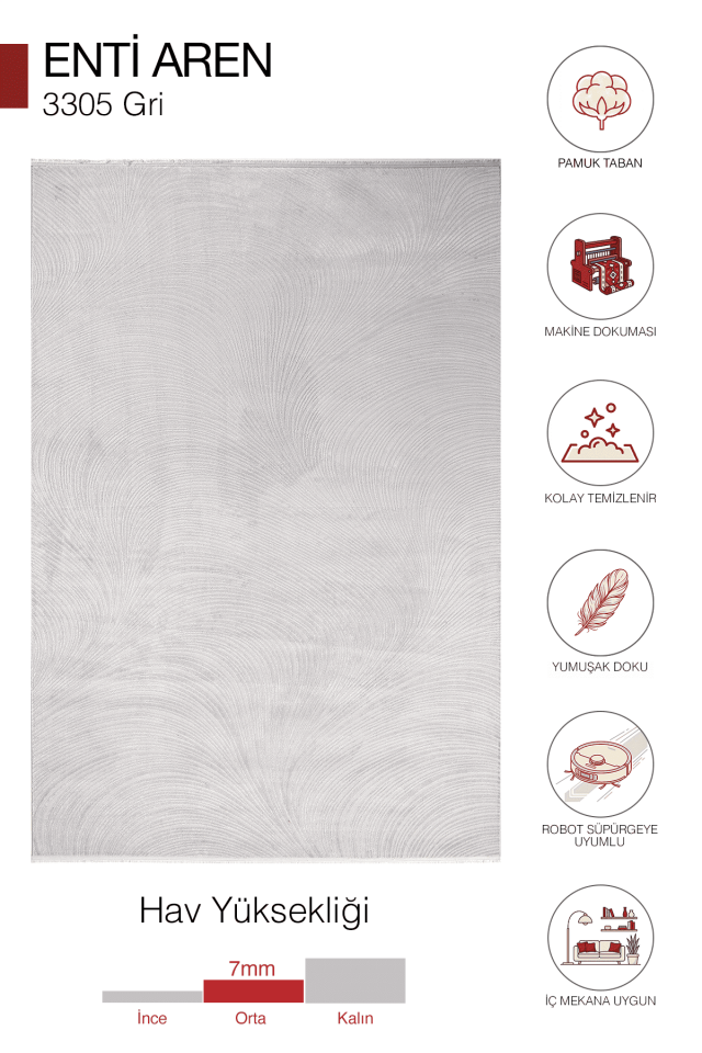 Aren 3305 Gri - Pamuk Tabanlı Akrilik Modern Halı 200x290