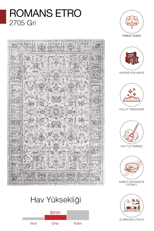 Etro 2705 Gri - Spor Saçaklı Polyester Çerçeveli Vintage Halı 160x230