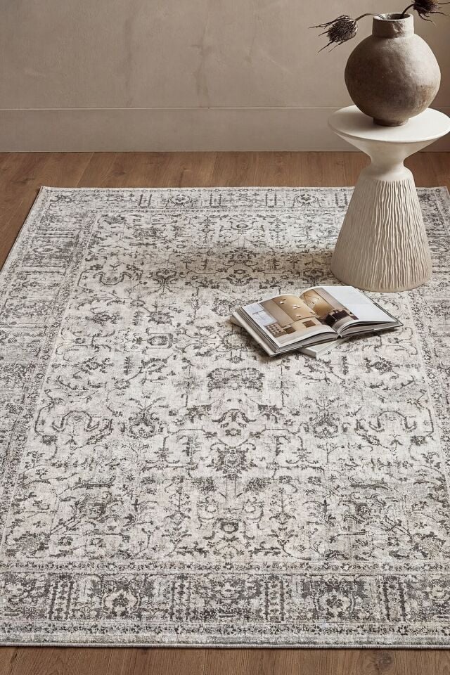 Etro 2705 Gri - Spor Saçaklı Polyester Çerçeveli Vintage Halı 080x150