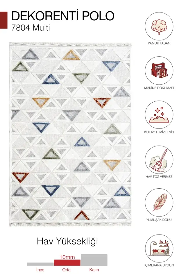 Dekorenti Polo 7804 Multi - Modern Geometrik Üçgen Desenli Örgü Saçaklı Halı